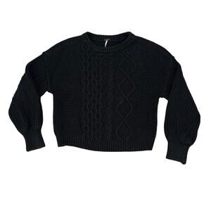 Free People Black Cropped Cable Knit Sweater Chunky Cozy Boho Size S
